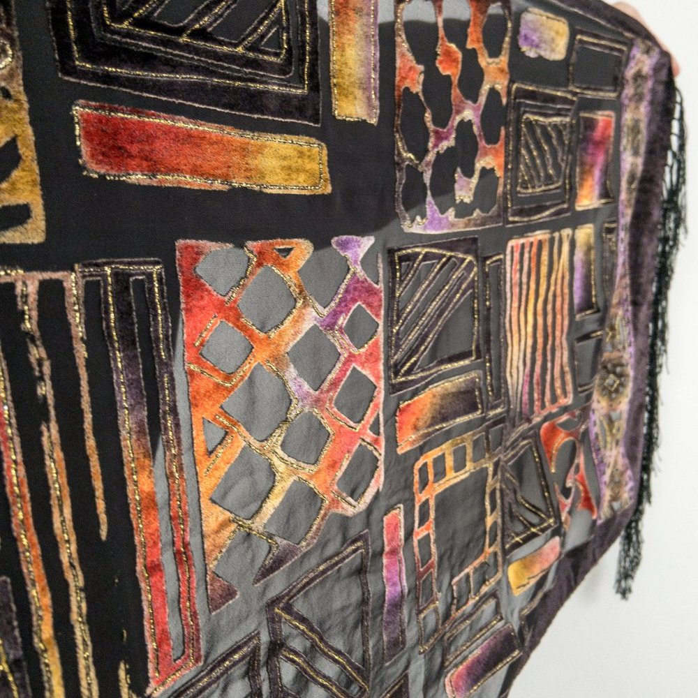 Vintage Burnout Silk Velvet Print Scarf Wrap Black